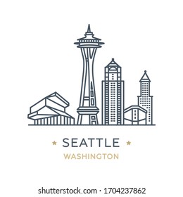 City Seattle, state of Washington. Line icon of famous and largest city of USA. Outline icon for web, mobile and infographics. Landmarks and famous building. Vector illustration, white isolated. 