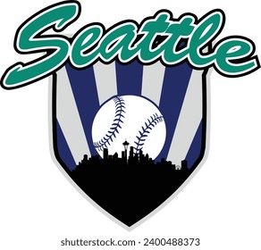 City of Seattle Washington skyline silhouette baseball icon with ball inside home plate shaped shield and script lettering above. Vector eps graphic design.