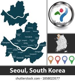 City of Seoul with districts and location on Polish map. Vector image