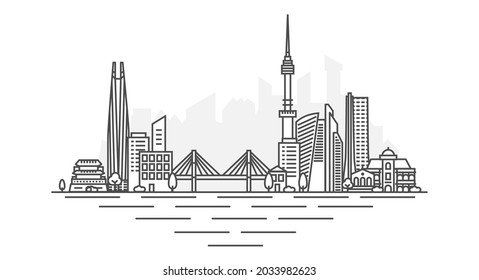 City of Seoul, South Korea architecture line skyline illustration. Linear vector cityscape with famous landmarks, city sights, design icons, with editable strokes isolated on white background. - Shutterstock ID 2033982623