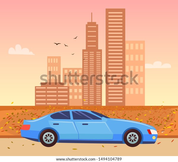 City in sepia, vehicle transportation in autumn\
town. Cityscape with skyscrapers and high buildings, autumnal park\
and flying birds in autumn sky. Vector in flat cartoon style. Blue\
car on road
