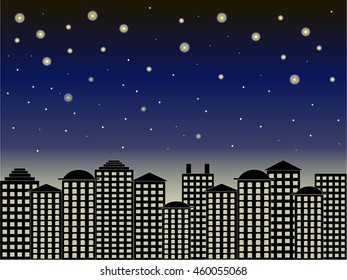 City series background. Black buildings, dark blue sky, starry night, vector illustration 
