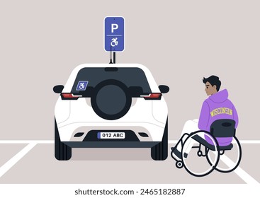 Servicios de la ciudad, aparcamiento accesible para personas con discapacidad, un joven usuario de silla de ruedas cerca