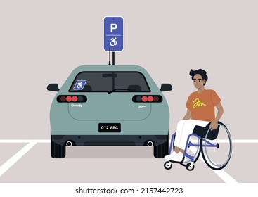 City services, accessible parking lot for a person with disabilities, a young male Caucasian character in a wheelchair