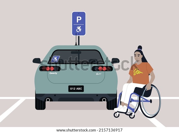 City\
services, accessible parking lot for a person with disabilities, a\
young female Asian character in a\
wheelchair