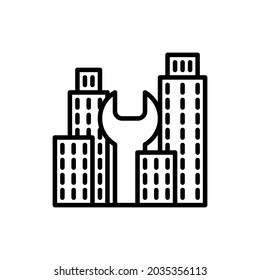 City services thin line icon, wrench between buildings. Reconstruction, renovation. Modern vector illustration