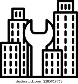 City services thin line icon, wrench between buildings. Reconstruction, renovation. Modern vector illustration