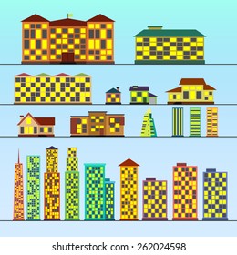 City set of buildings in flat style. Skyscrapers high-rise 