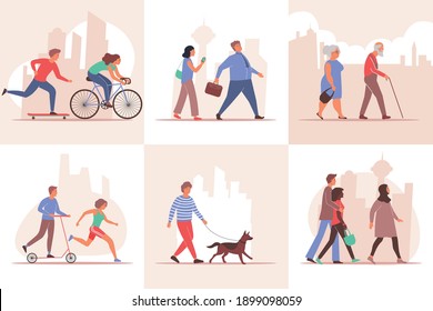 City set of flat compositions with cityscape silhouette backgrounds and walking people characters of different age vector illustration