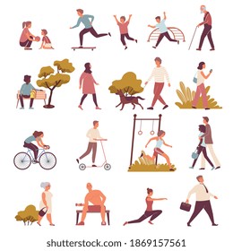 Conjunto de ciudades de íconos planos e imágenes aisladas con personas de diferentes edades caminando en la ilustración vectorial del parque