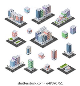 Conjunto de ciudades isométricas del negocio de infraestructura urbana. Dibujo vectorial de rascacielos y colección de elementos arquitectura, hogar, construcción, bloque y parque