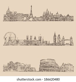 city set (London, Paris, Rome) vintage engraved illustration, hand drawn