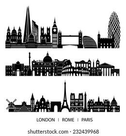 city set (London, Paris, Rome). Vector illustration.