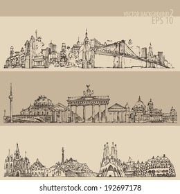 city set (New york, Berlin, Barcelona) vintage engraved illustration, hand drawn