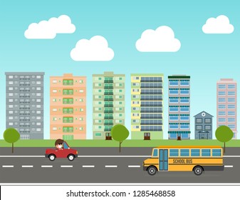 City set with school bus, road and buildings. City street panoramic. Vector flat style illustration. - Illustration