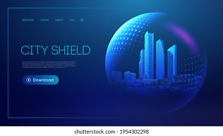 City shield blue futuristic background. Protect future technology background. Abstract blue city dome. Virus immune field glass sphere barrier. EPS 10.