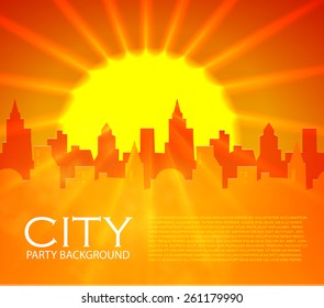 City with shining sun. Vector illustration