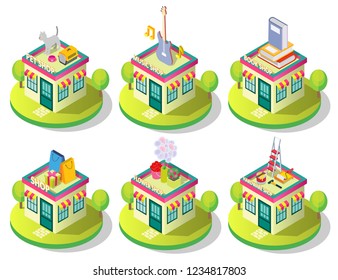 City shop building icon set. Vector isometric illustration of different shops isolated on white background. Pet music book flower and hardware store buildings exterior view.