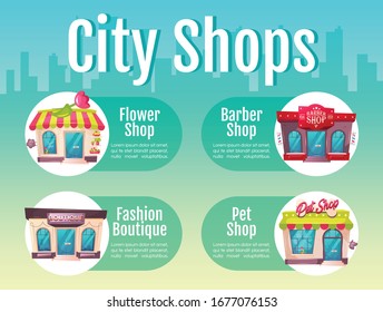 City shop flat color vector informational infographic template. Barber salon. Poster, booklet, PPT page concept design with cartoon characters. Advertising flyer, leaflet, info banner idea