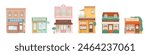 City shopping building illustrations set. Exterior facades and storefronts of pharmacy, barber shop, boutique, restaurant, cafe, bakery, flowers. Small business entity. Shopping commerce trade.