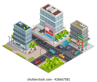 City shopping center in business district area street view with buildings complex and parking isometric vector illustration