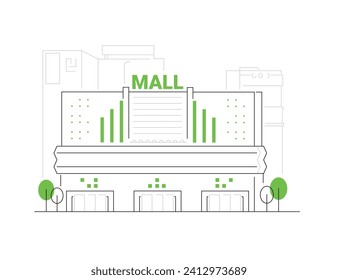 City shopping center - modern line design style illustration on white background. Composition with mall. The central street with the main public building where trade takes place. Urban idea