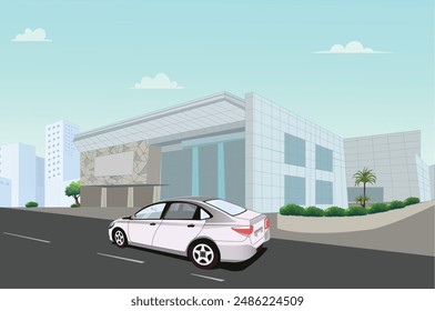 City Shopping center, supermarket. Parking for cars, Blue Sky vactor Illustration.