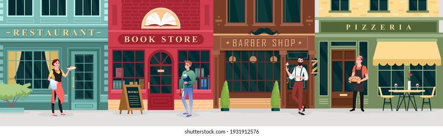 City shopping, retro street store buildings and workers vector illustration set. Cartoon chef waiter student characters and pizzeria restaurant facades, urban book retail store, barbershop background