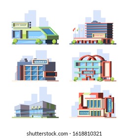 Lojas de cidade e shoppings conjunto de ilustrações de vetor plano