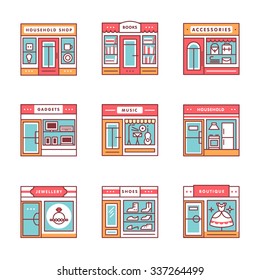 City shops and stores buildings storefronts signs set. Thin line art icons. Flat style illustrations isolated on white.