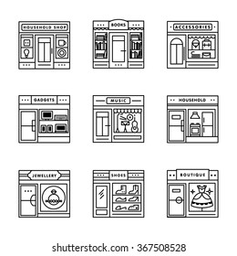 City shops and stores buildings storefronts signs set. Thin line art icons. Linear style illustrations isolated on white.