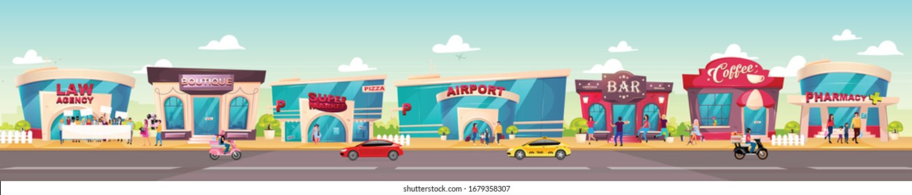 City sidewalk flat color vector illustration. Fashion boutique. Supermarket exterior. Bar facade. Coffee shop. Pharmacy, law agency. Town 2D cartoon cityscape with buildings and people on background