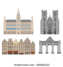 City sights. Brussels architecture landmark. Belgium country flat travel elements. Cathedral of St. Michael and St. Gudula. Town Hall on Grand Place Grote Markt. The triumphal arch 