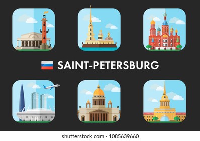 City sights of Saint-Petersburg, Russia. Flat icon set