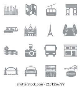 City Sightseeing Icons. Gray Flat Design. Vector Illustration.