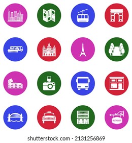 City Sightseeing Icons. White Flat Collection In Circle. Vector Illustration.