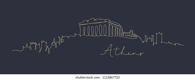 City silhouette athens in pen line style drawing with beige lines on dark blue background