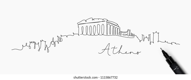 City silhouette athens in pen line style drawing with black lines on white background