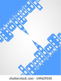 City silhouette background.