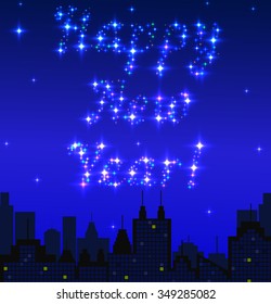 City silhouette background with Happy New year wishes, made with shiny stars