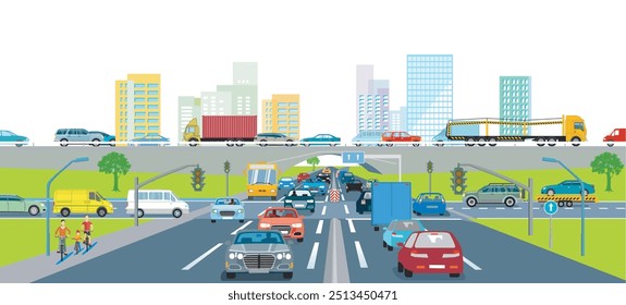 City silhouette of a big city with traffic, illustration