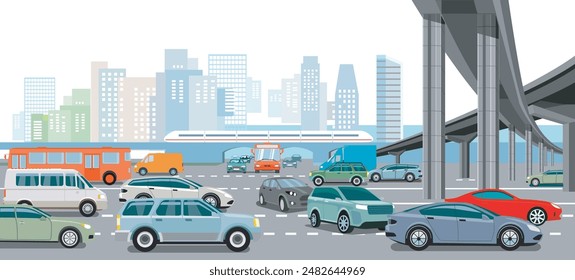 City silhouette of a big city with traffic jam and people on the zebra crossing illustration