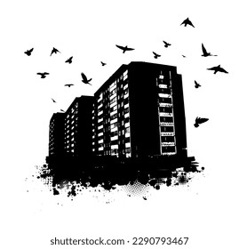 City silhouette with blots and with birds flying. Vector illustration
