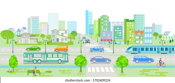 City silhouette with cars, bus and tram