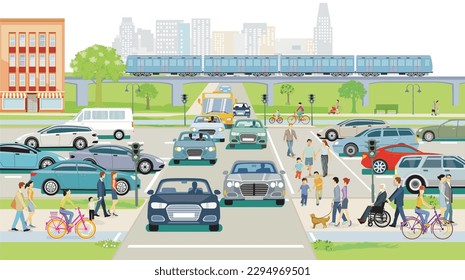 City silhouette with cars on the street crossing and pedestrians, illustration