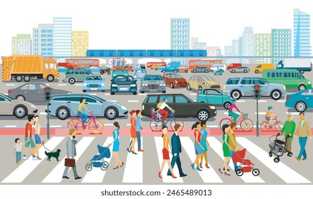 City silhouette of a city with cars in a traffic jam and people on the zebra crossing, illustration