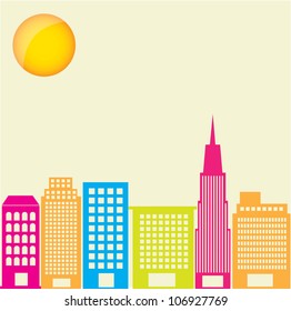 City silhouette with colors and sun, vector illustration