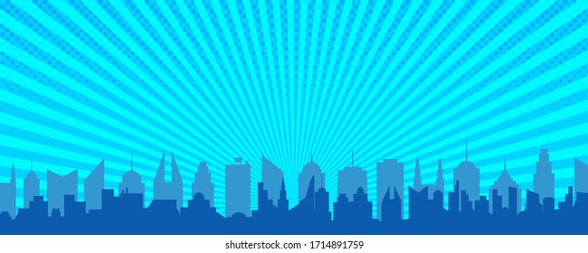 City silhouette concept with cityscape blue light comic radial and halftone effects. Vector illustration