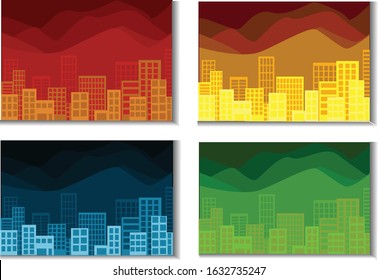 City silhouette in different seasons; winter, summer, spring and autumn illustrations.