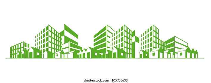 City silhouette with different types of buildings green over white background